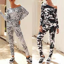 Fashion Leopard/Camouflage Printed Long Sleeve T-shirt + Pants Two-piece Set