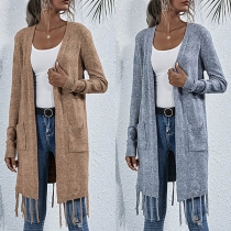 Fashion Solid Color Long Sleeve Tassel Hem Knit Cardigan