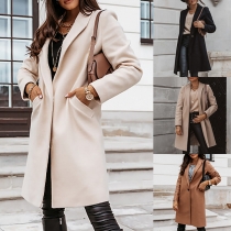 Elegant Solid Color Long Sleeve Notched Lapel Woolen Coat