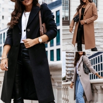 Fashion Solid Color Long Sleeve Notched Lapel Woolen Coat