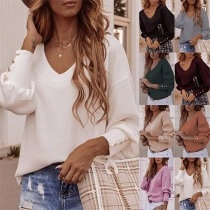 Fashion Solid Color Long Sleeve V-neck T-shirt