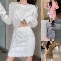 Fashion Solid Color Long Sleeve Sweater + Skirt Two-piece Set