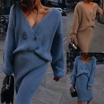 Sexy V-neck Long Sleeve Solid Color Knit Top + Skirt Two-piece Set