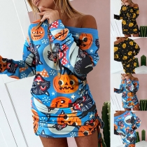 Sexy Off-shoulder Long Sleeve Side-drawstring Pumpkin Printed Dress