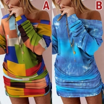 Sexy Off-shoulder Long Sleeve Side-drawstring Contrast Color Dress