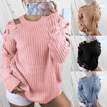 Sexy Off-shoulder Long Sleeve Round Neck Solid Color Sweater