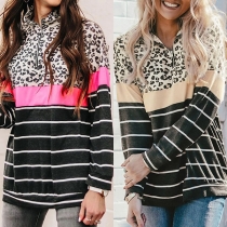Fashion Leopard Spliced Long Sleeve Stand Collar Striped Sweatshirt