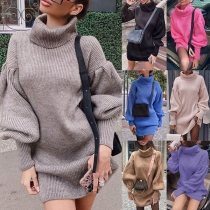 Fashion Solid Color Lantern Sleeve Turtleneck Knit Dress