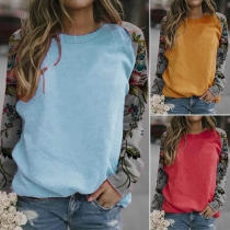 Fashion Printed Spliced Long Sleeve Round Neck T-shirt