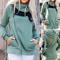 Fashion Contrast Color Oblique Zipper Long Sleeve Hooded Sweatshirt