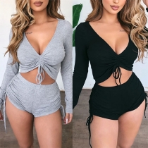 Sexy V-neck Long Sleeve Solid Color Crop Top + Shorts Two-piece Set