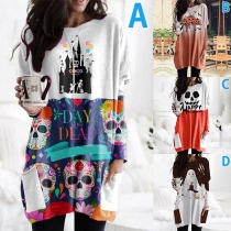 Cute Carton Printed Long Sleeve Round Neck Loose Dress