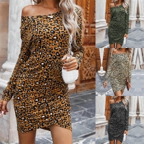 Sexy Off-shoulder Boat Neck Long Sleeve Leopard Printed Dress