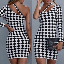 Sexy One-shoulder Long Sleeve Slim Fit Plaid Dress