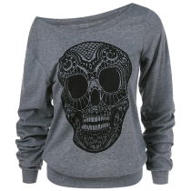 Fashion Oblique Shoulder Long Sleeve Skull Head Printed Sweatshirt