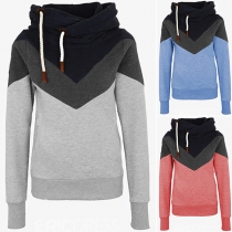 Fashion Contrast Color Long Sleeve Hooded Top