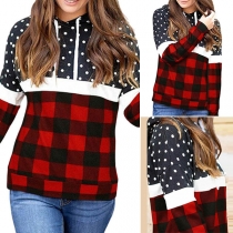 Fashion Plaid Spliced Long Sleeve Hooded Dots Printed Sweatshirt