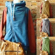 Fashion Contrast Color Long Sleeve Oblique Zipper Hooded Sweatshirt