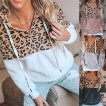 Fashion Leopard Spliced Long Sleeve Hooded Plush Sweatshirt