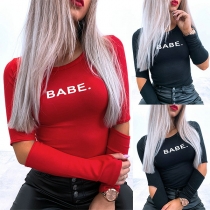 Fashion Hollow Out Long Sleeve Letters Printed T-shirt