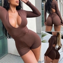 Sexy Backless Deep V-neck Long Sleeve Solid Color Tight Romper