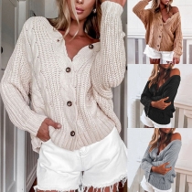 Fashion Solid Color Long Sleeve V-neck Knit Cardigan