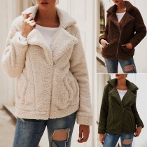 Fashion Solid Color Long Sleeve Oblique Zipper Plush Coat