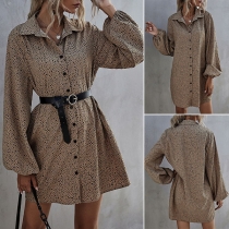 Fashion Lantern Sleeve POLO Collar Printed Shirt Dress