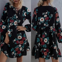 Sweet Style Puff Sleeve Round Neck Ruffle Hem Printed Dress