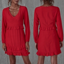 Sexy V-neck Long Sleeve Solid Color Ruffle Dress