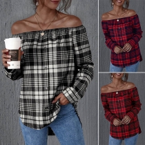 Sexy Off-shoulder Boat Neck Long Sleeve Plaid Top