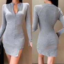 Sexy V-neck Slit Hem Long Sleeve Solid Color Slim Fit Dress