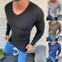 Simple Style Long Sleeve V-neck Solid Color Man's Knit Top