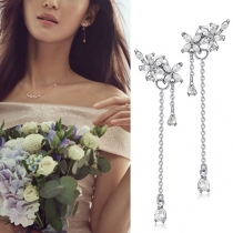 Fashion Rhinestone Inlaid Flower Tassel Earrings