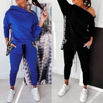 Fashion Letters Printed Oblique Zipper Collar Top + Pants Two-piece Set