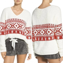 Fashion Long Sleeve V-neck Printed Plush Top