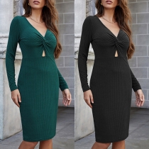 Sexy Twisted V-neck Long Sleeve Solid Color Slim Fit Dress