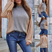 Fashion Contrast Color Long Sleeve Mock Neck T-shirt