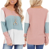 Fashion Contrast Color Long Sleeve Round Neck Loose T-shirt
