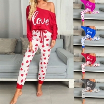 Fashion Heart Printed Long Sleeve T-shirt + Pants Two-piece Set