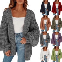 Fashion Solid Color Lantern Sleeve Loose Knit Cardigan