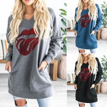 Casual Style Long Sleeve Round Neck Lip Printed Sweatshirt