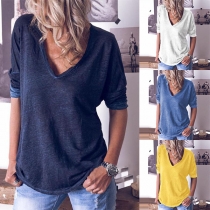 Fashion Solid Color Long Sleeve V-neck T-shirt
