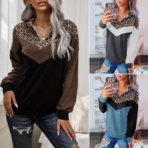 Fashion Leopard Spliced Long Sleeve Stand Collar Sweatshirt