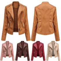 Fashion Solid Color Long Sleeve Lapel Slim Fit PU Leather Jacket(The size runs small)