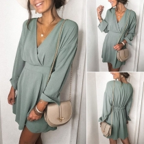 Sexy V-neck Long Sleeve Solid Color Dress