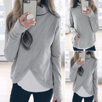 Fashion Solid Color Long Sleeve Cowl Neck Irregular Hem Sweatshirt