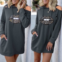 Chic Style Leopard Lip Pattern Long Sleeve Hooded Sweatshirt Dress