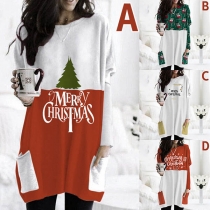 Cute Christmas Printed Long Sleeve Round Neck Loose Dress