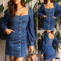 Sexy Backless Square Collar Puff Sleeve Single-breasted Denim Dress